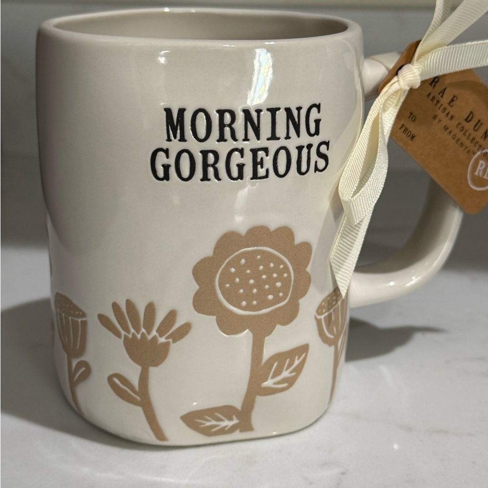Rae Dunn White Mug with Tan Floral Design - MORNING GORGEOUS New - Picture 4 of 6